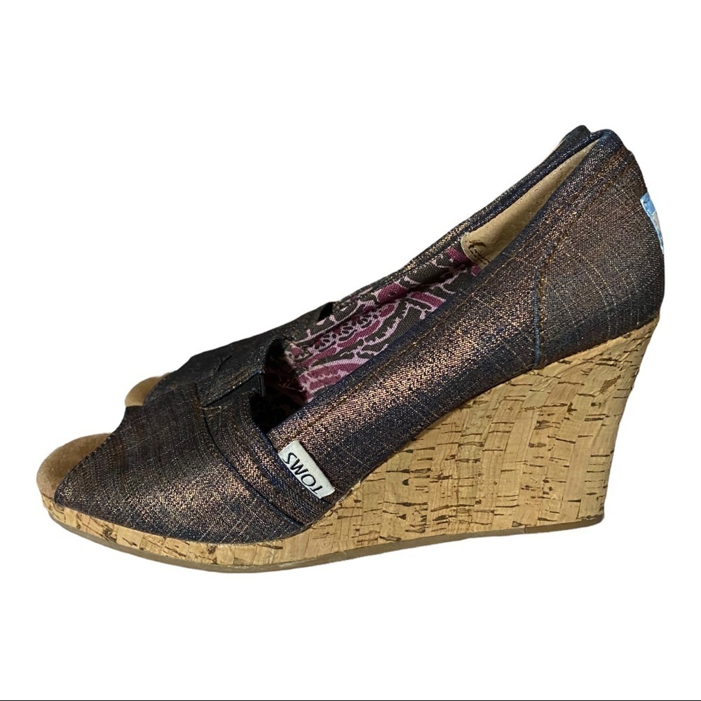 Toms Calypso Peep Toe Wedge Sandals Metallic Bronze 7W